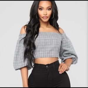 Plaid cropped balloon sleeve top